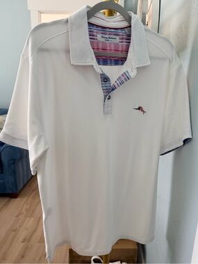 Tommy Bahama White Short-Sleeve Polo with Multicolor Striped Trim